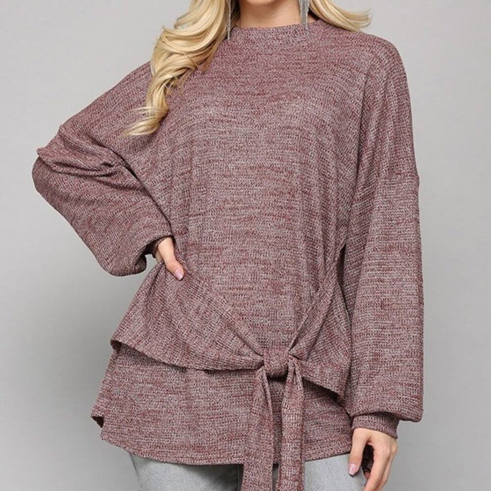 NWT Gigio Shirt Tunic Small Long Sleeve Two Tone Waffle Knit Front Tie Top - Picture 2 of 4